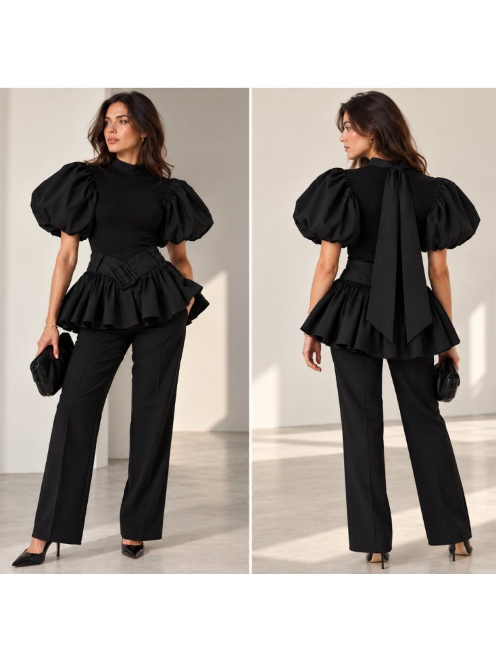 Rokh Belted Puff Sleeve Peplum Top Black FR 36 US 4 NWT - Picture 2 of 4